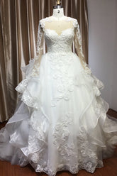 A-Line V-Neck Hi-Lo Wedding Dress with Ruffles, Tulle and Appliques