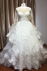 A-Line V-Neck Hi-Lo Wedding Dress with Ruffles, Tulle and Appliques