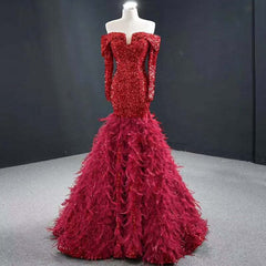 Red Sequin A-Line Prom Dress with Long Sleeves and Feather Details