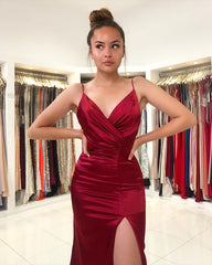 Burgundy Spaghetti Strap Prom Dress with Slit Elegant Formal Gown