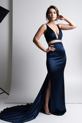 Simple Two Piece V Neck Sleeveless Navy Blue Prom Dress Evening Gown