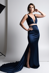Simple Two Piece V Neck Sleeveless Navy Blue Prom Dress Evening Gown