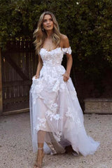 Off-Shoulder Tulle A-Line Wedding Dress with Lace Appliques