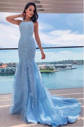 Sky Blue Halter Mermaid Prom Dress - Elegant Full-Length Formal Gown for Women