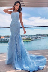 Sky Blue Halter Mermaid Prom Dress - Elegant Full-Length Formal Gown for Women