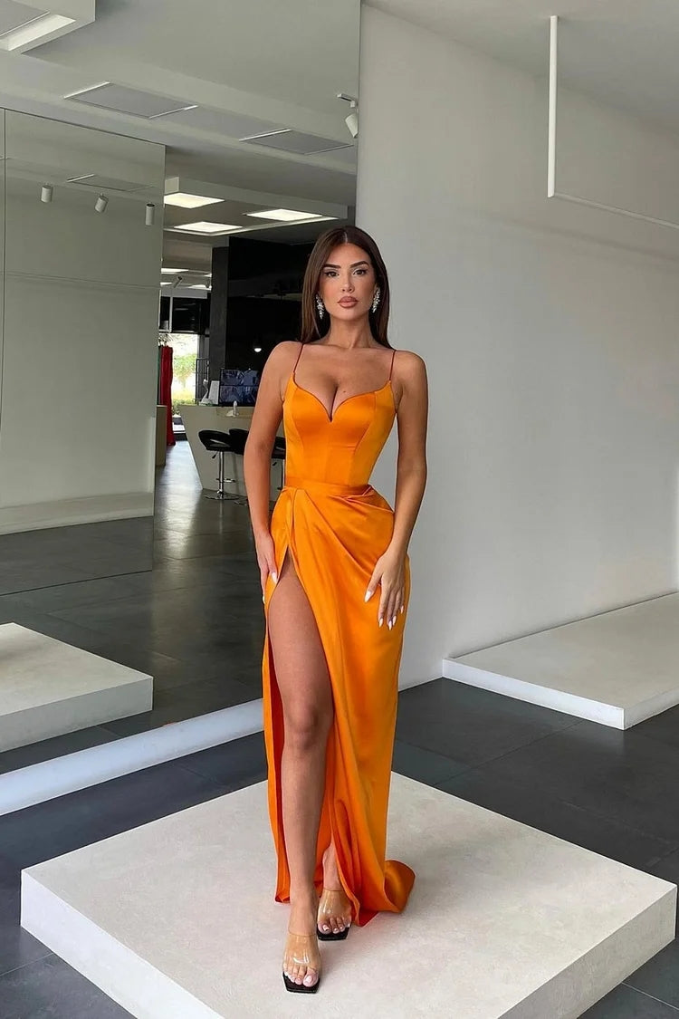 Sleeveless Spaghetti Strap Prom Dress with Slit, Elegant Charmeuse Gown for Women