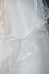 A-Line V-Neck Hi-Lo Wedding Dress with Ruffles, Tulle and Appliques