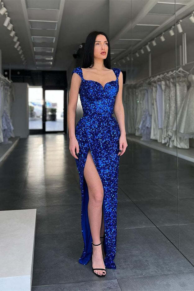 Royal Blue Cap Sleeves Long Sequins Mermaid Prom Dress with Slit OD2774