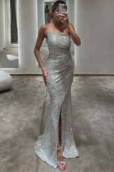 Luxurious Silver Strapless Prom Dress, Slimming Mermaid Silhouette, Evening Gown