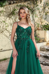 Elegant Dark Green A-Line Spaghetti Straps Prom Dress with Split