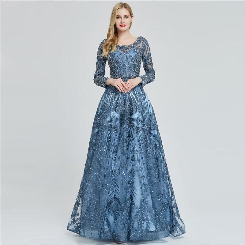Elegant Ink Blue Long Sleeve Prom Dress with Sequin Applique A-Line