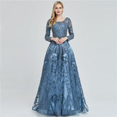 Elegant Ink Blue Long Sleeve Prom Dress with Sequin Applique A-Line
