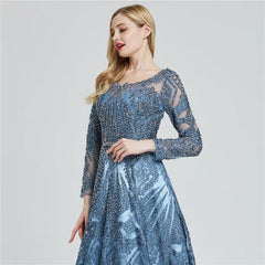 Elegant Ink Blue Long Sleeve Prom Dress with Sequin Applique A-Line