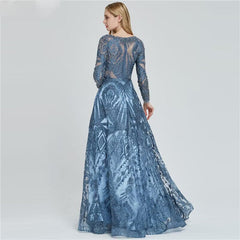 Elegant Ink Blue Long Sleeve Prom Dress with Sequin Applique A-Line