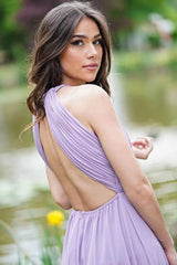 Elegant Lilac Halter A-Line Prom Dress: Sleeveless, Open Back, Chic
