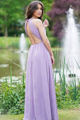Elegant Lilac Halter A-Line Prom Dress: Sleeveless, Open Back, Chic
