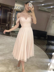 Elegant Off-Shoulder Tea-Length Pink Prom Dress for Formal Graduations & Homecoming