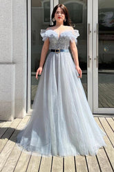 Elegant Off-Shoulder A-Line Sequin Tulle Prom Dress with Belt and Beads