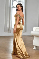 Elegant Off-Shoulder Pleated Mermaid Prom Dress with Thigh-High Split, Long Formal Gown