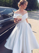 Elegant Off-Shoulder White Satin Tea-Length Prom Dress: Chic Formal Graduation Homecoming Gown