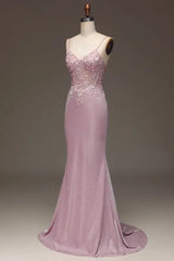 Elegant Pink Spaghetti-Strap Shining Sleeveless Prom Dress for Women