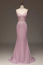 Elegant Pink Spaghetti-Strap Shining Sleeveless Prom Dress for Women