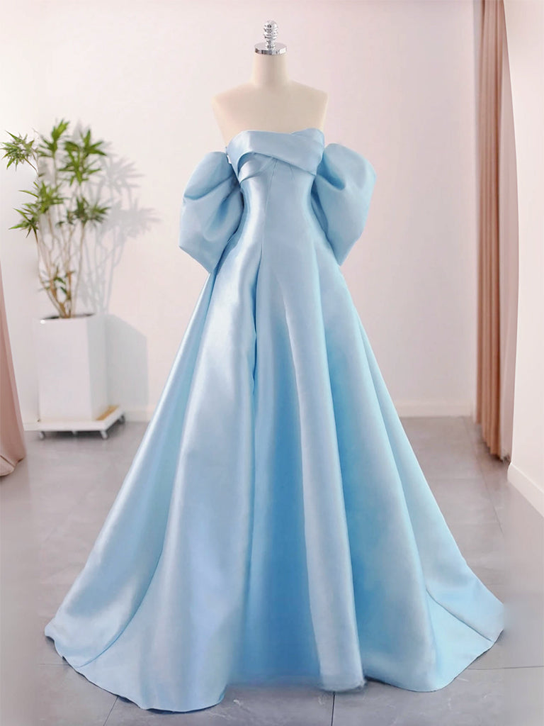 A-Line Sweetheart Neck Satin Blue Long Prom Formal Evening Gown Dress