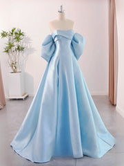 A-Line Sweetheart Neck Satin Blue Long Prom Formal Evening Gown Dress