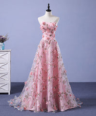 Pink Tulle 3D Flowers Long Prom Evening Dress For Women