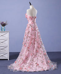 Pink Tulle 3D Flowers Long Prom Evening Dress For Women