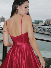 Red Satin Spaghetti Strap Ball Gown Evening Prom Dress