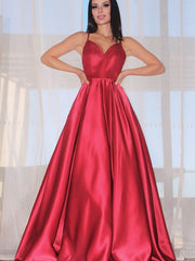 Red Satin Spaghetti Strap Ball Gown Evening Prom Dress
