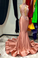 Elegant Coral Red Mermaid Prom Dress with Sleeveless Halter and Appliques
