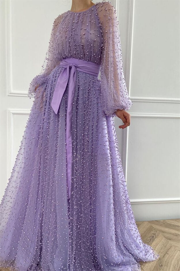 Elegant Lilac Pearl Mermaid Evening Gown with Beaded Jewel and Belt