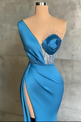 Glamorous Ocean Blue One-Shoulder Mermaid Prom Dress with Thigh Slit