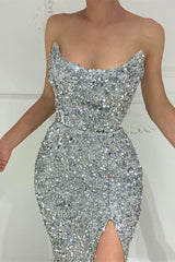 Modern Silver Sequin Strapless Mermaid Prom Dress with Split, Elegant Long Formal Gown