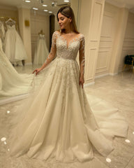 Elegant A-Line Wedding Dress with Lace Appliques and Sleeves Long Train