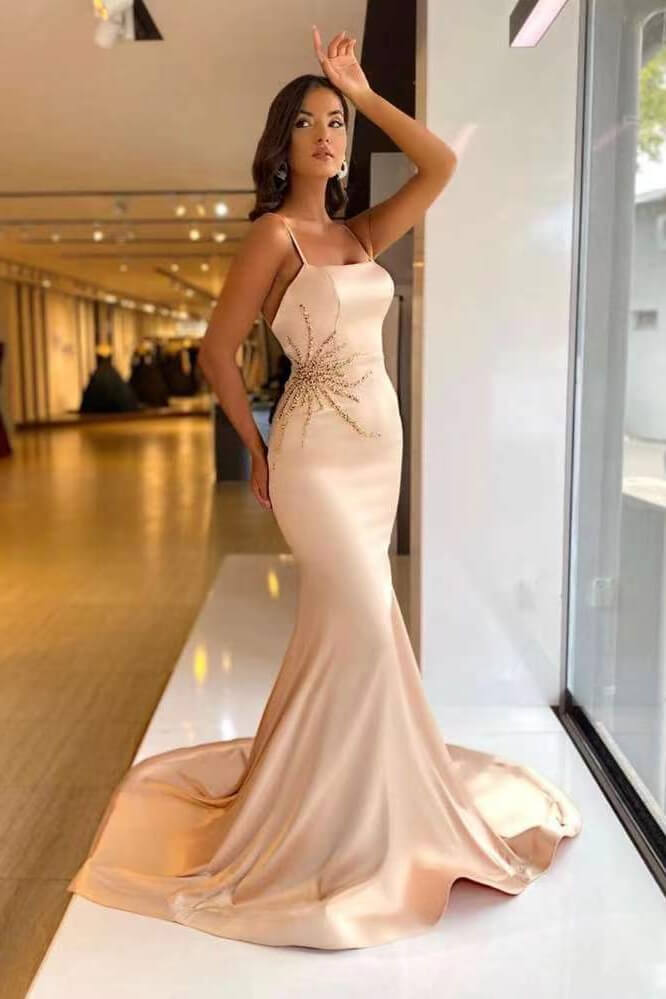 Elegant Beaded Mermaid Prom Dress with Spaghetti Straps, Long Formal Gown