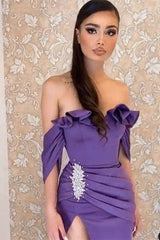 Elegant Off-Shoulder Purple Prom Dress with High Split and Ruched Bodice