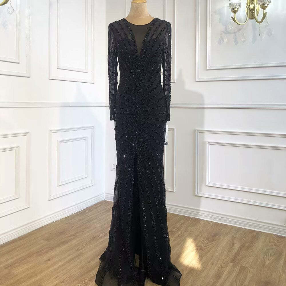 Stunning Black Sequin Long Sleeve Mermaid V Neck Prom Dress