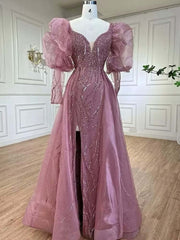 Pink Mermaid High Split Beaded Evening Dress Beaded Bubble Sleeve Gown