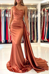 Elegant Burnt Orange One-Shoulder Mermaid Prom Dress with Flowing Ruffles