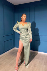 Dusty Sage Long Sleeve V-Neck Evening Dress with Front Slit Gown