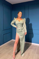 Dusty Sage Long Sleeve V-Neck Evening Dress with Front Slit Gown
