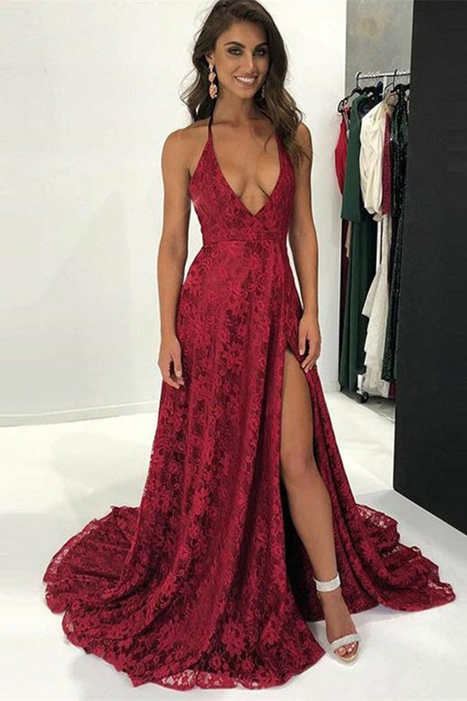 Elegant Burgundy Lace V-Neck Prom Dress with Slit - Perfect for Special Occasions