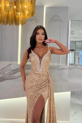 Glitter Gold Sequin Mermaid Evening Prom Dress with Deep V-Neck & Side Split