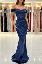 Royal Blue Sweetheart Off-Shoulder Long Pleated Formal Prom Dress Gown