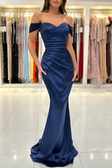 Royal Blue Sweetheart Off-Shoulder Long Pleated Formal Prom Dress Gown