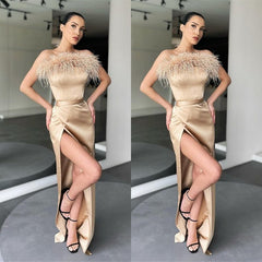 Luxurious Strapless Feather Mermaid Prom Dress with Daring Thigh Slit