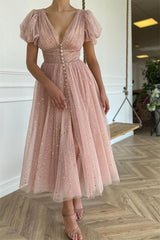 Elegant Taupe Pink V-Neck Short Sleeves Prom Dress with Sequin Embellishments